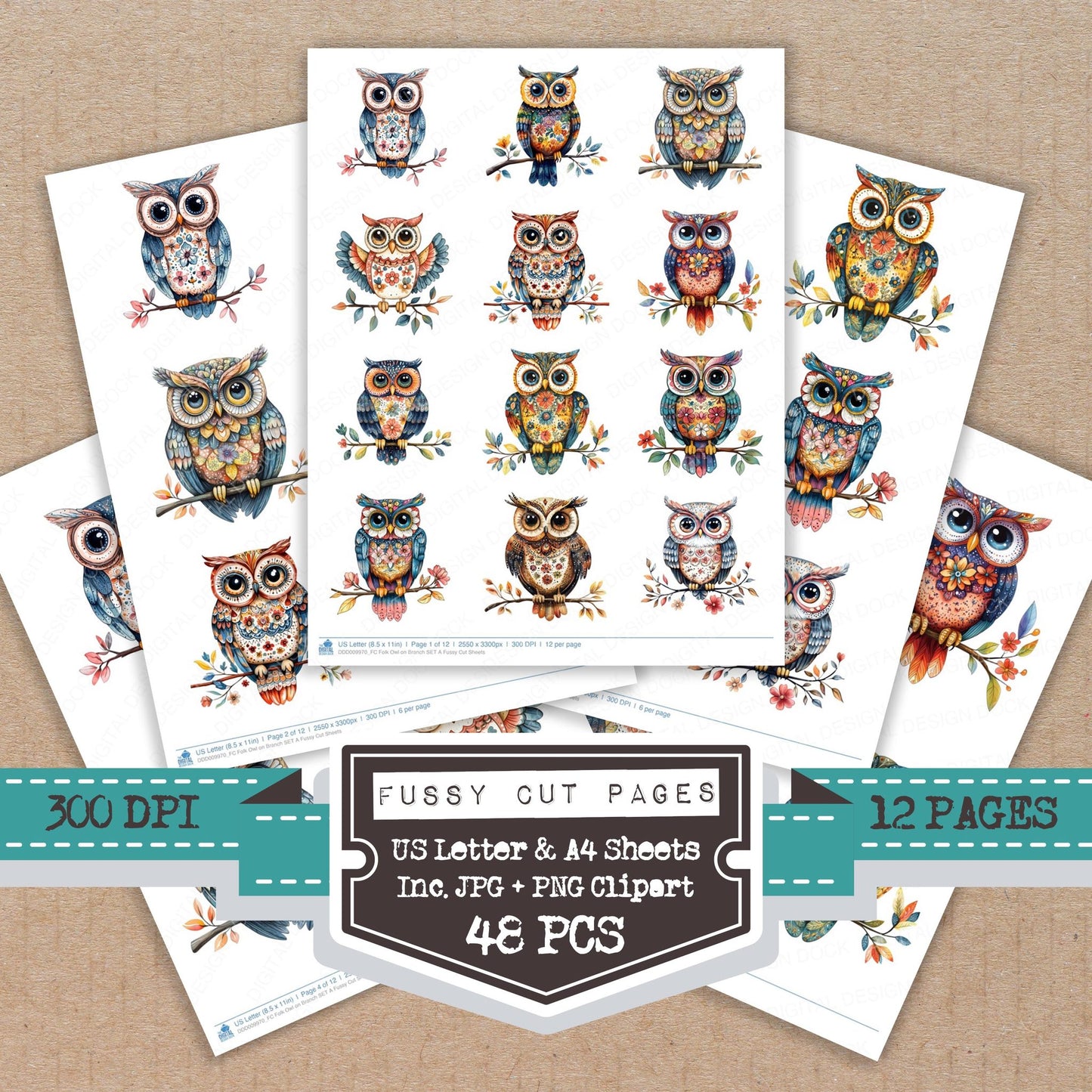 Folk Owl on Branch A fussy cut printable sheets for junk journaling, scrapbooking, and paper craft projects