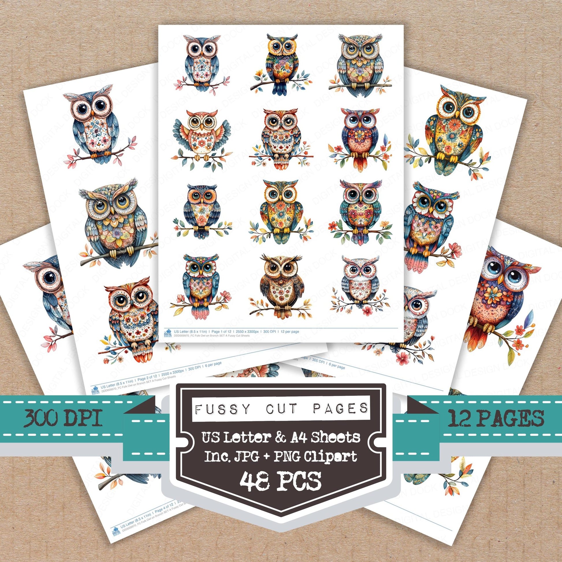 Folk Owl on Branch A fussy cut printable sheets for junk journaling, scrapbooking, and paper craft projects