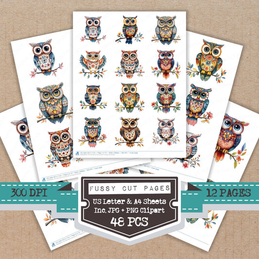 Folk Owl on Branch A fussy cut printable sheets for junk journaling, scrapbooking, and paper craft projects