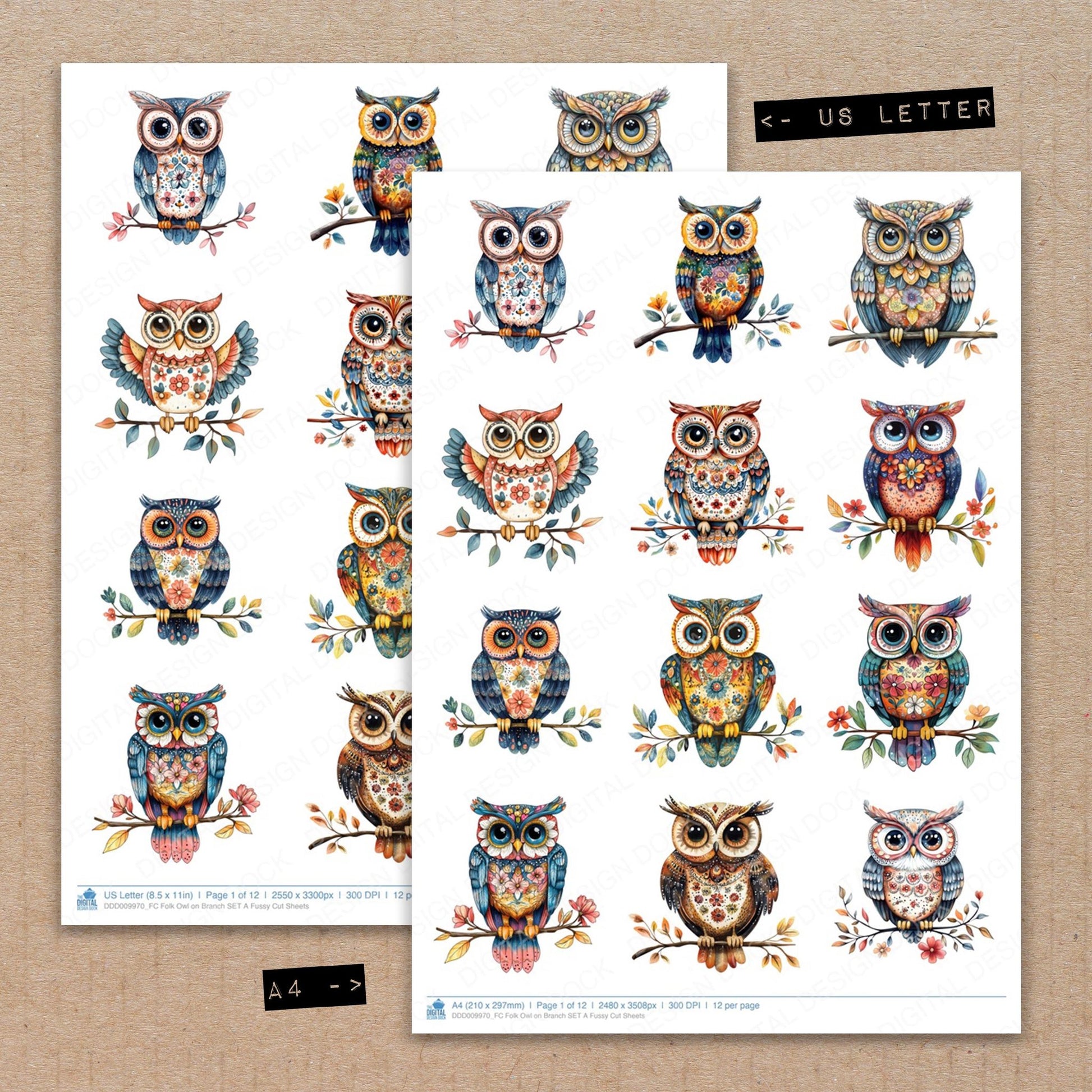 A4 and US Letter format comparison showing Folk Owl on Branch A fussy cut pages for print and cut crafting
