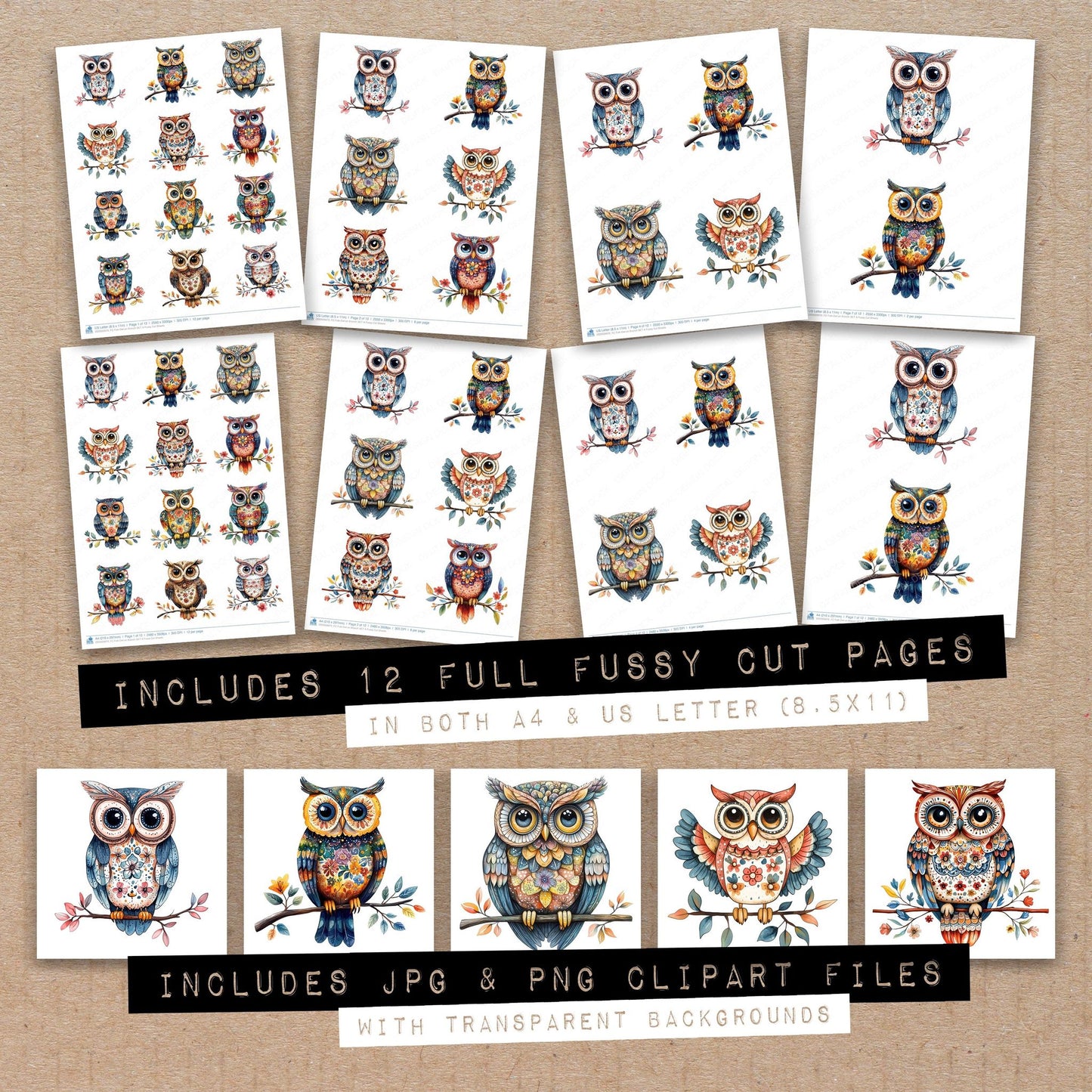 Full collection view of Folk Owl on Branch A fussy cut sheets with bonus clipart JPG and PNG files
