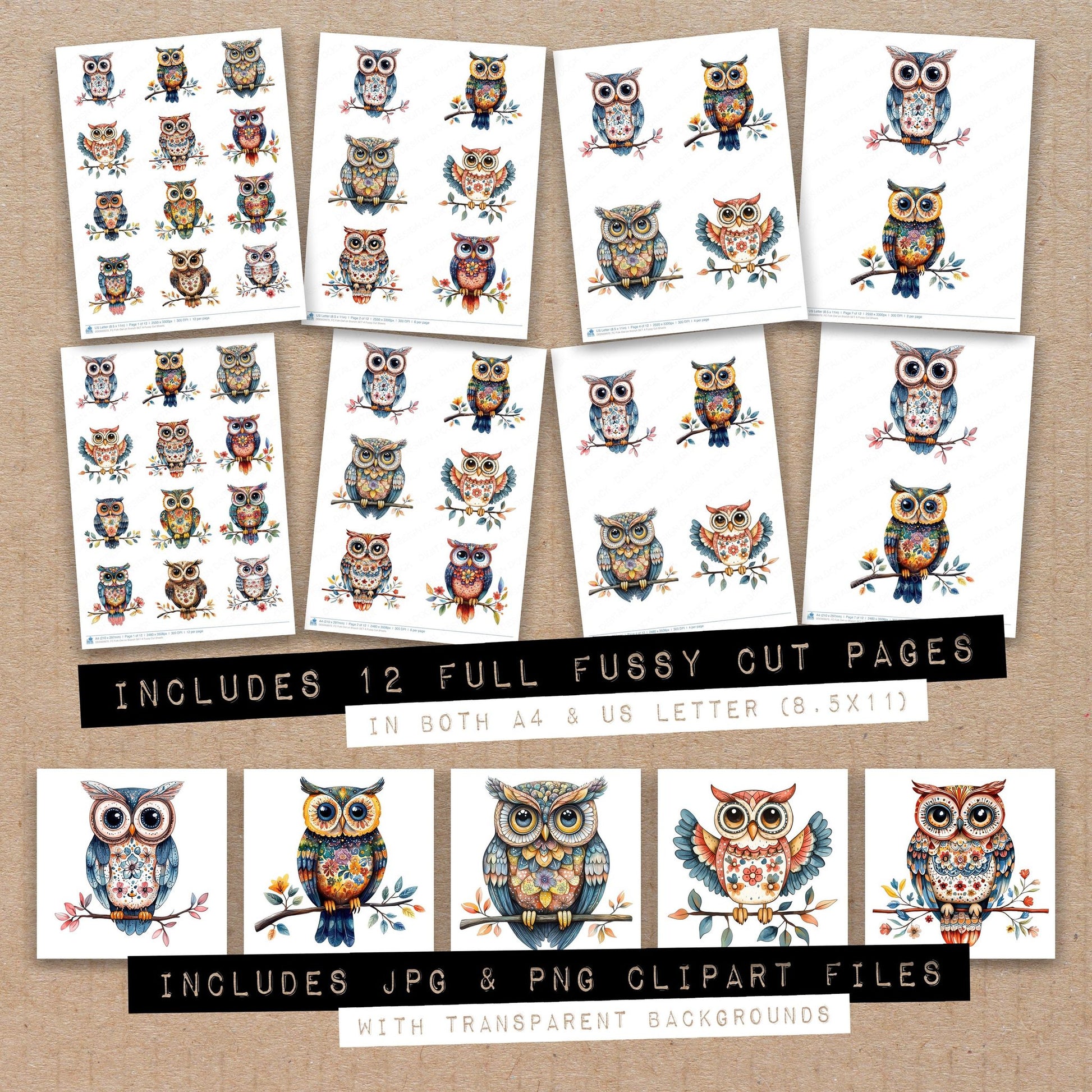 Full collection view of Folk Owl on Branch A fussy cut sheets with bonus clipart JPG and PNG files