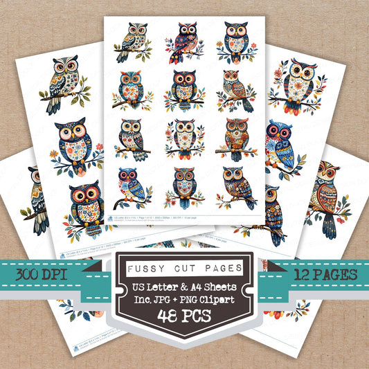 Folk Owl on Branch B fussy cut printable sheets for junk journaling, scrapbooking, and paper craft projects