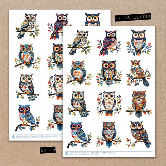 A4 and US Letter format comparison showing Folk Owl on Branch B fussy cut pages for print and cut crafting