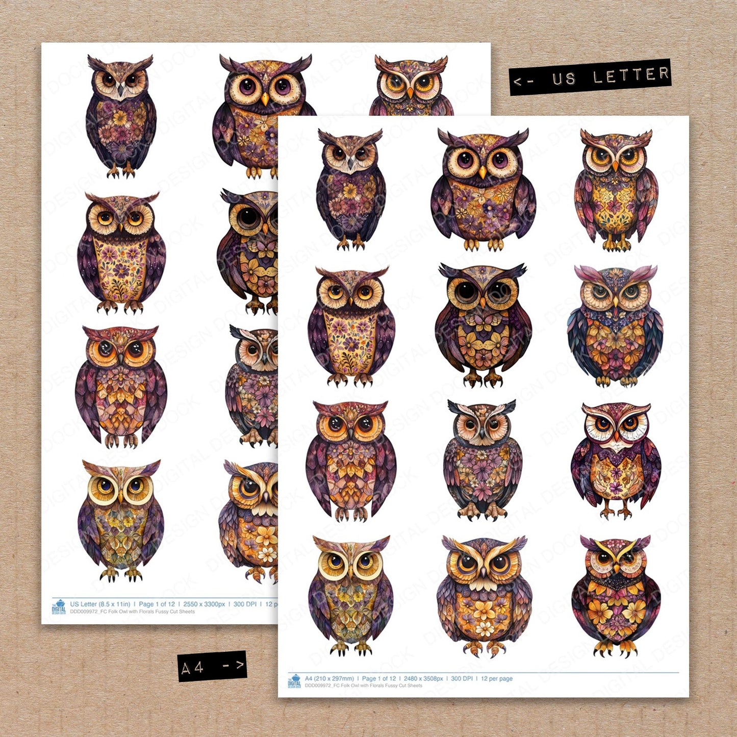 A4 and US Letter format comparison showing Folk Owl with Florals fussy cut pages for print and cut crafting