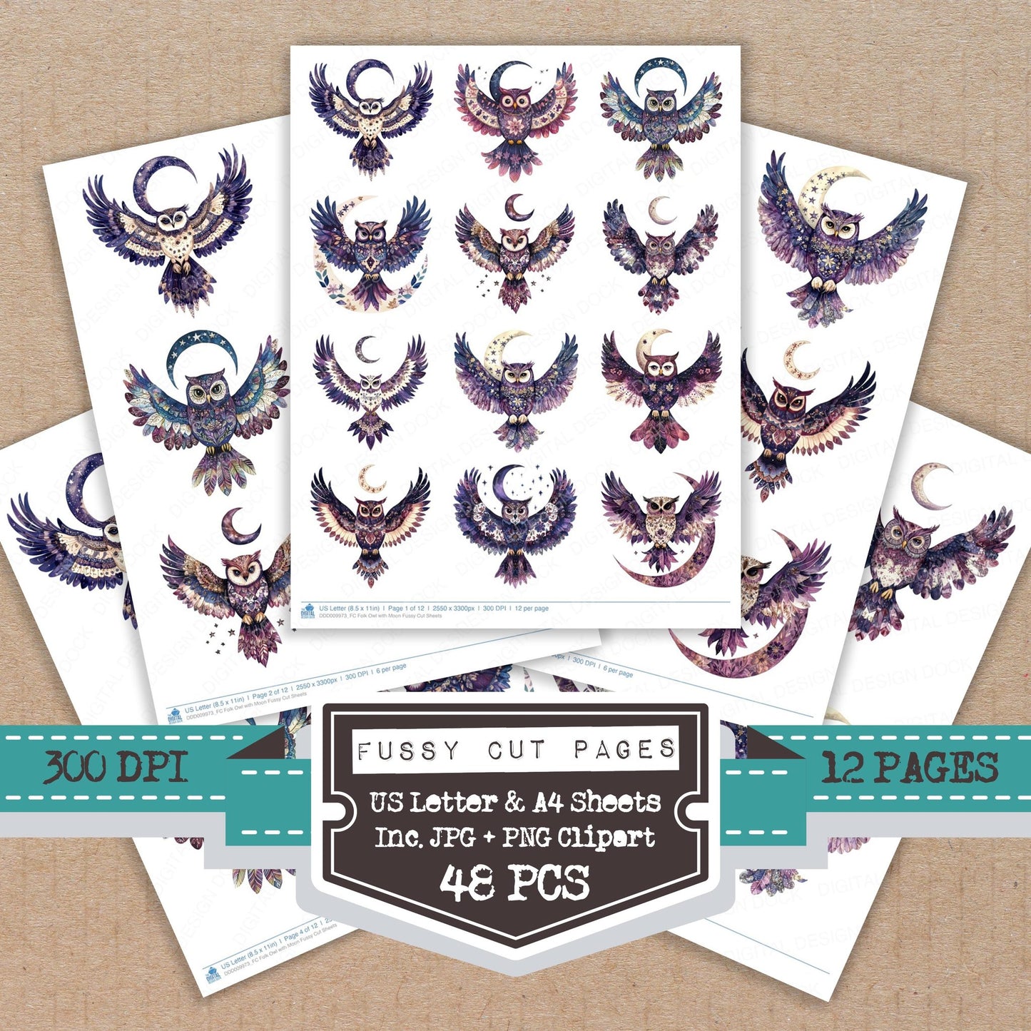 Folk Owl with Moon fussy cut printable sheets for junk journaling, scrapbooking, and paper craft projects