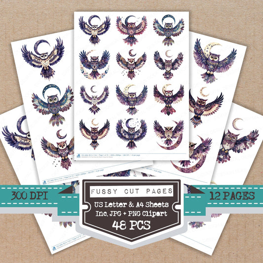 Folk Owl with Moon fussy cut printable sheets for junk journaling, scrapbooking, and paper craft projects