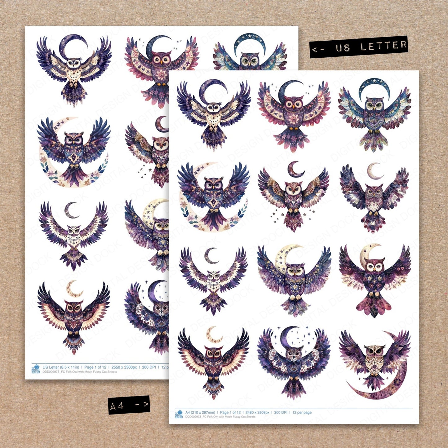 A4 and US Letter format comparison showing Folk Owl with Moon fussy cut pages for print and cut crafting