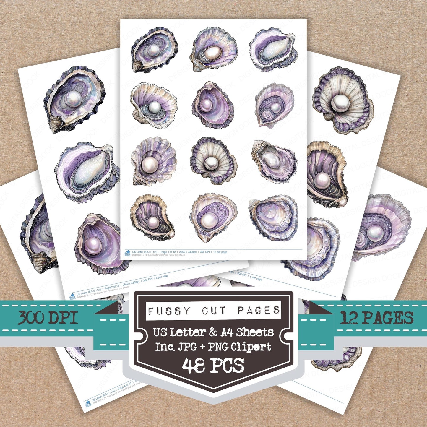 Folk Oyster with Pearl fussy cut printable sheets for junk journaling, scrapbooking, and paper craft projects
