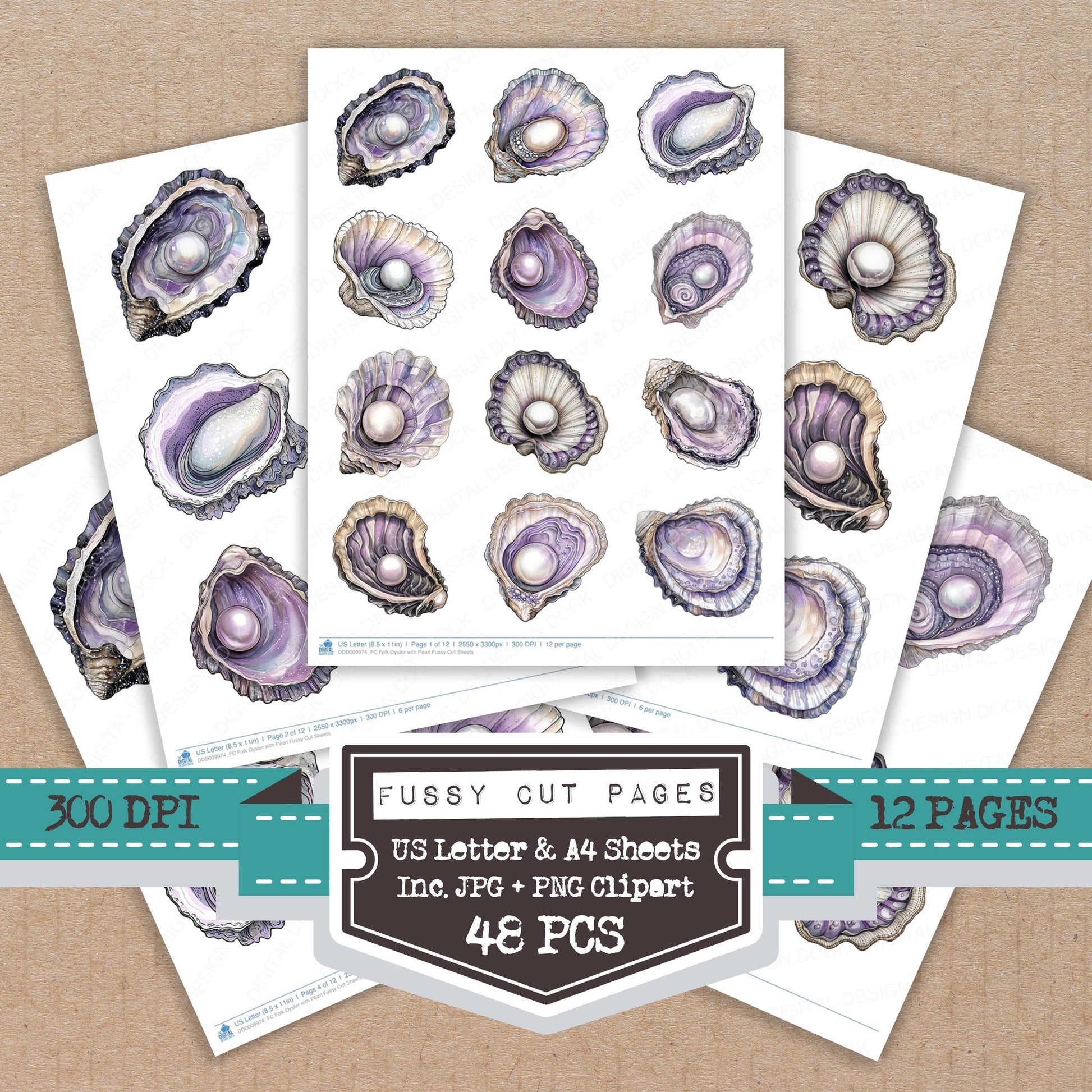 Folk Oyster with Pearl fussy cut printable sheets for junk journaling, scrapbooking, and paper craft projects