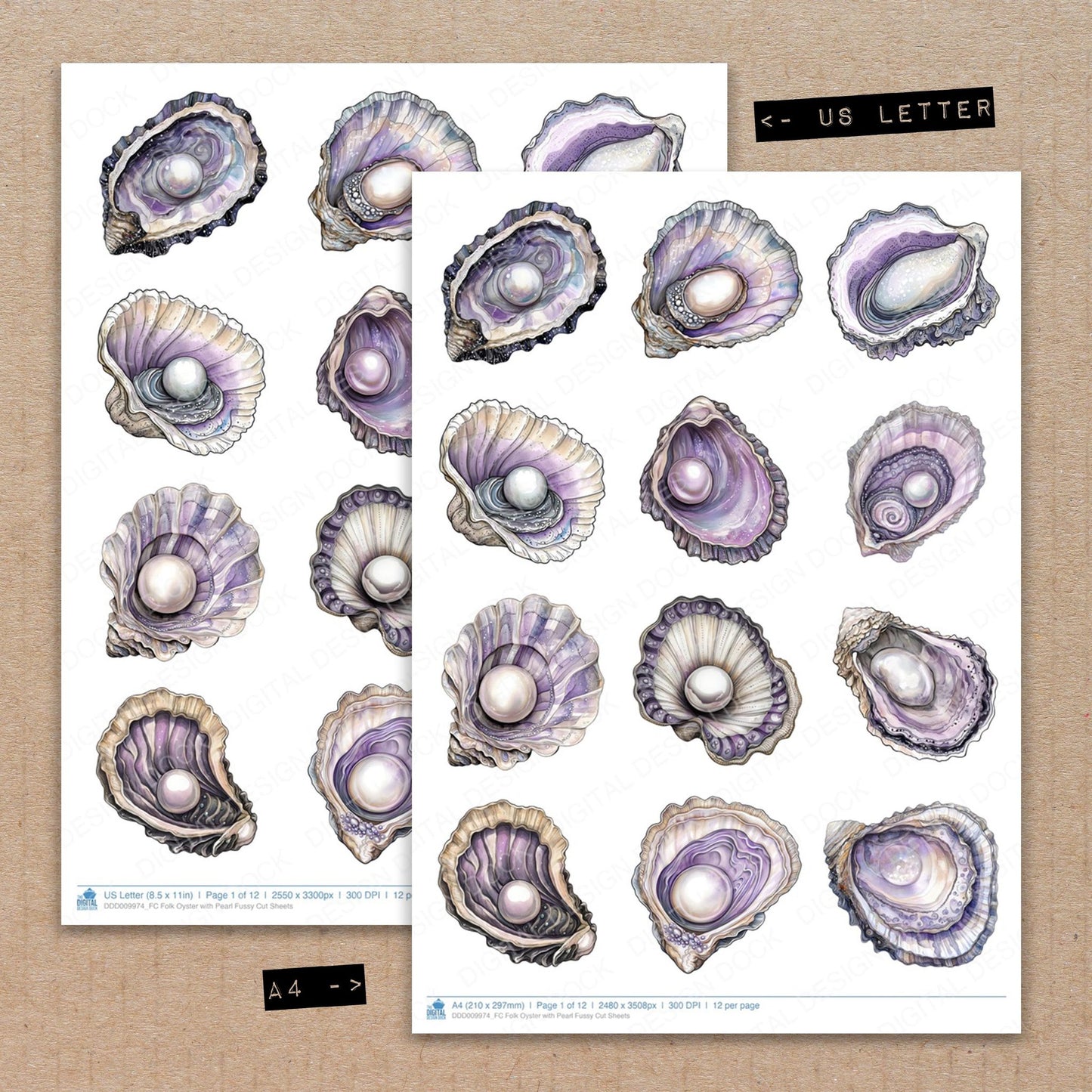 A4 and US Letter format comparison showing Folk Oyster with Pearl fussy cut pages for print and cut crafting