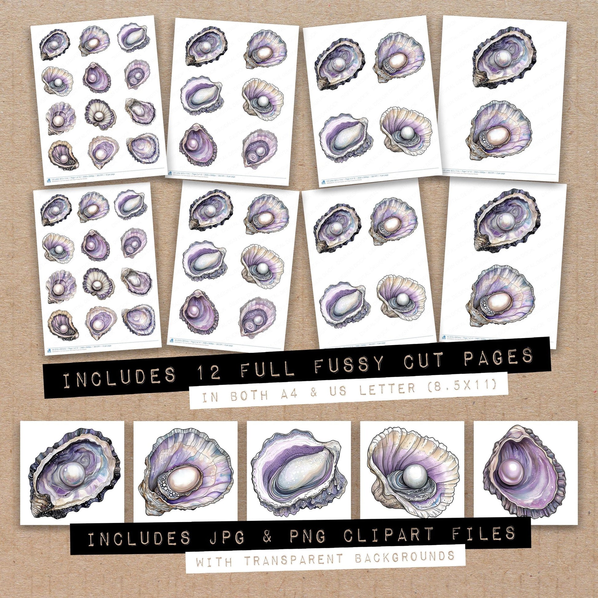 Full collection view of Folk Oyster with Pearl fussy cut sheets with bonus clipart JPG and PNG files