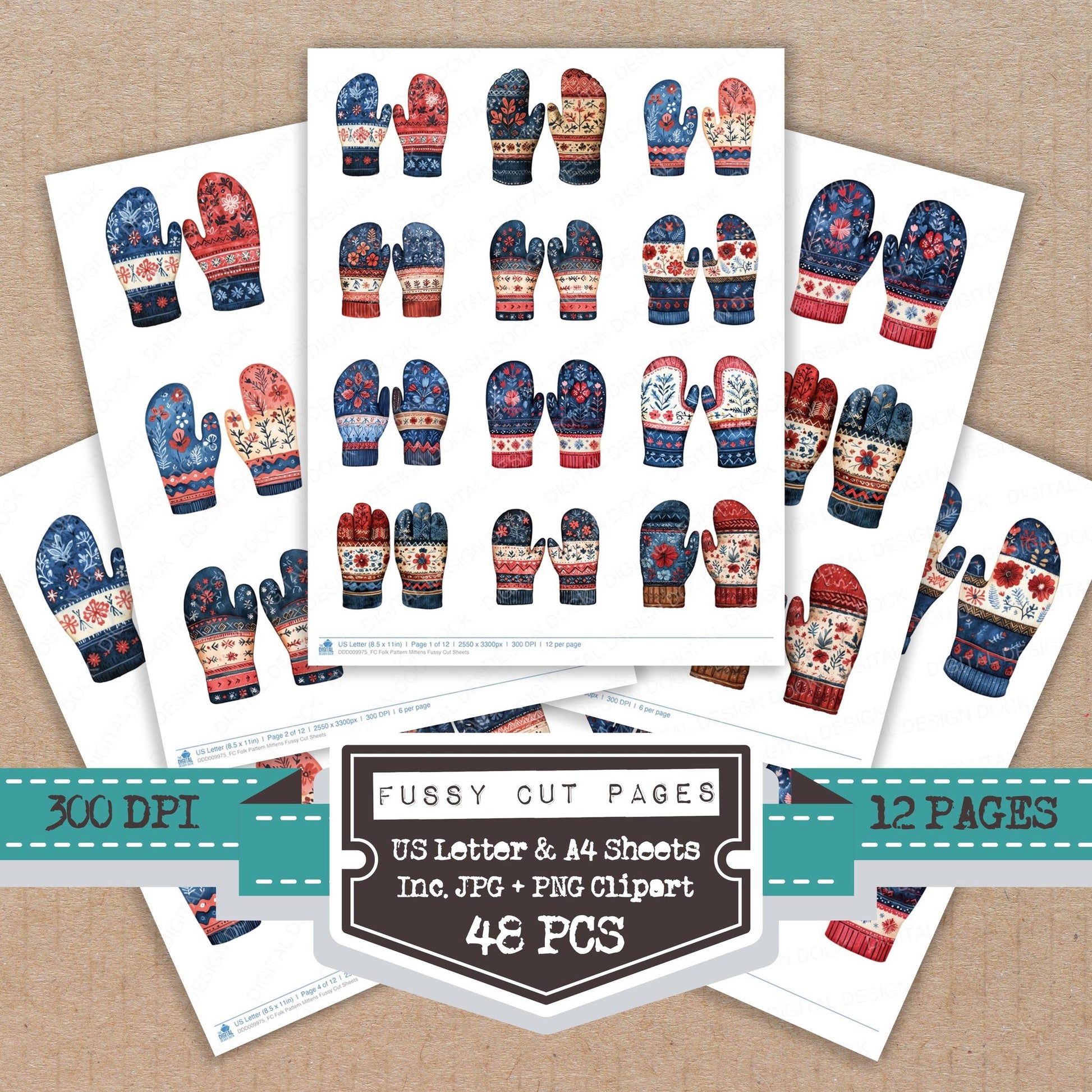 Folk Pattern Mittens fussy cut printable sheets for junk journaling, scrapbooking, and paper craft projects