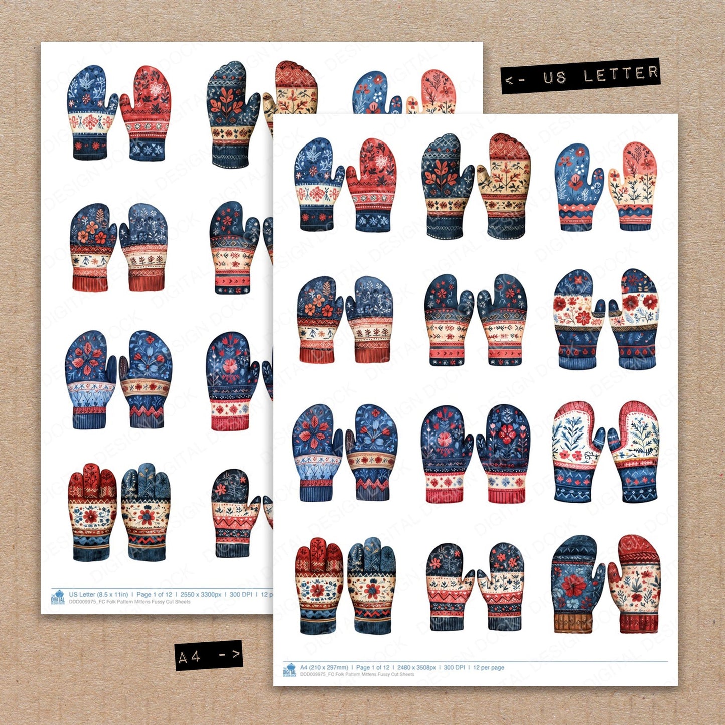 A4 and US Letter format comparison showing Folk Pattern Mittens fussy cut pages for print and cut crafting