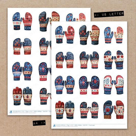A4 and US Letter format comparison showing Folk Pattern Mittens fussy cut pages for print and cut crafting