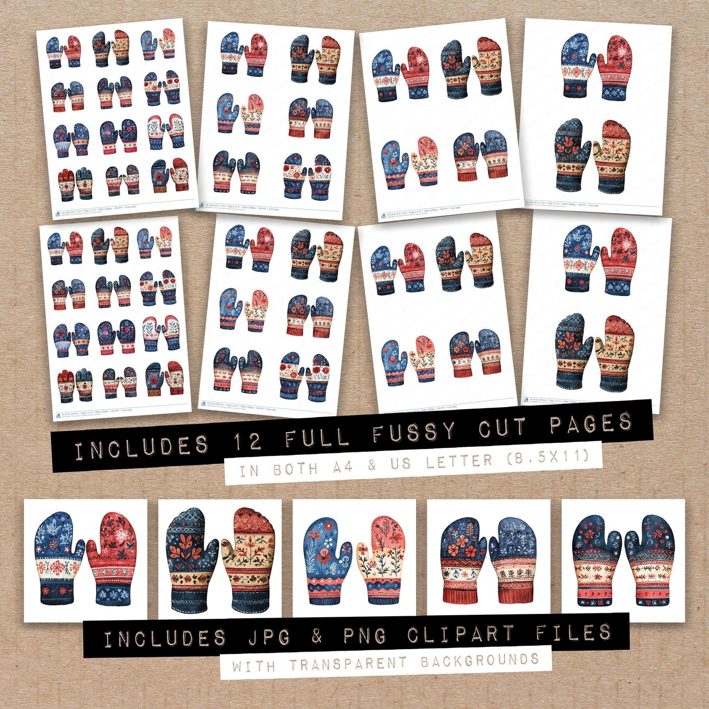 Full collection view of Folk Pattern Mittens fussy cut sheets with bonus clipart JPG and PNG files