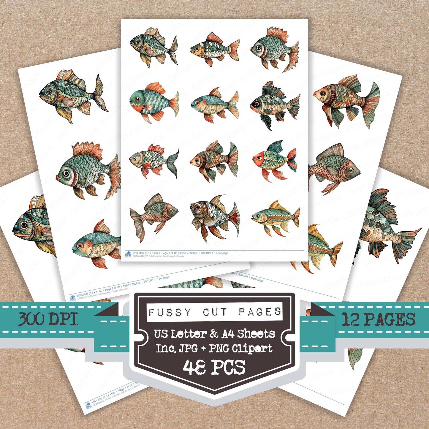 Folk Patterned Fish Fussy Cut Sheets (DDD009976)