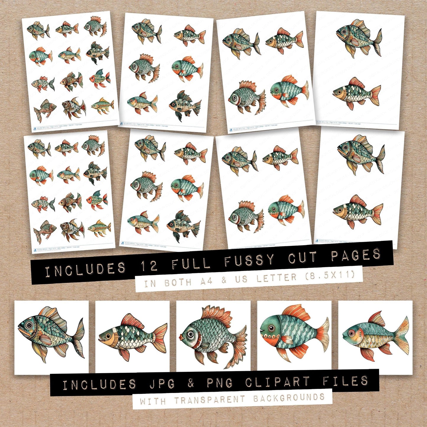 Folk Patterned Fish Fussy Cut Sheets (DDD009976)