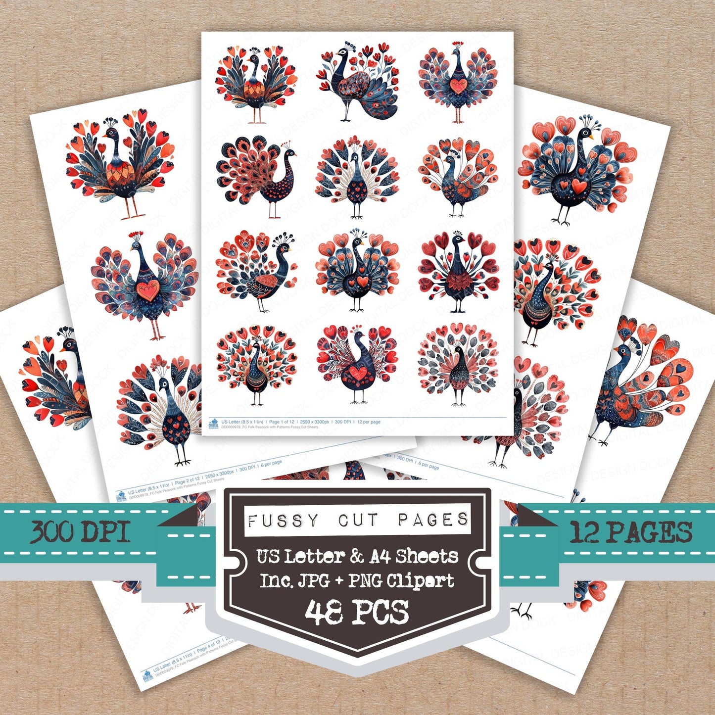 Folk Peacock with Patterns fussy cut printable sheets for junk journaling, scrapbooking, and paper craft projects