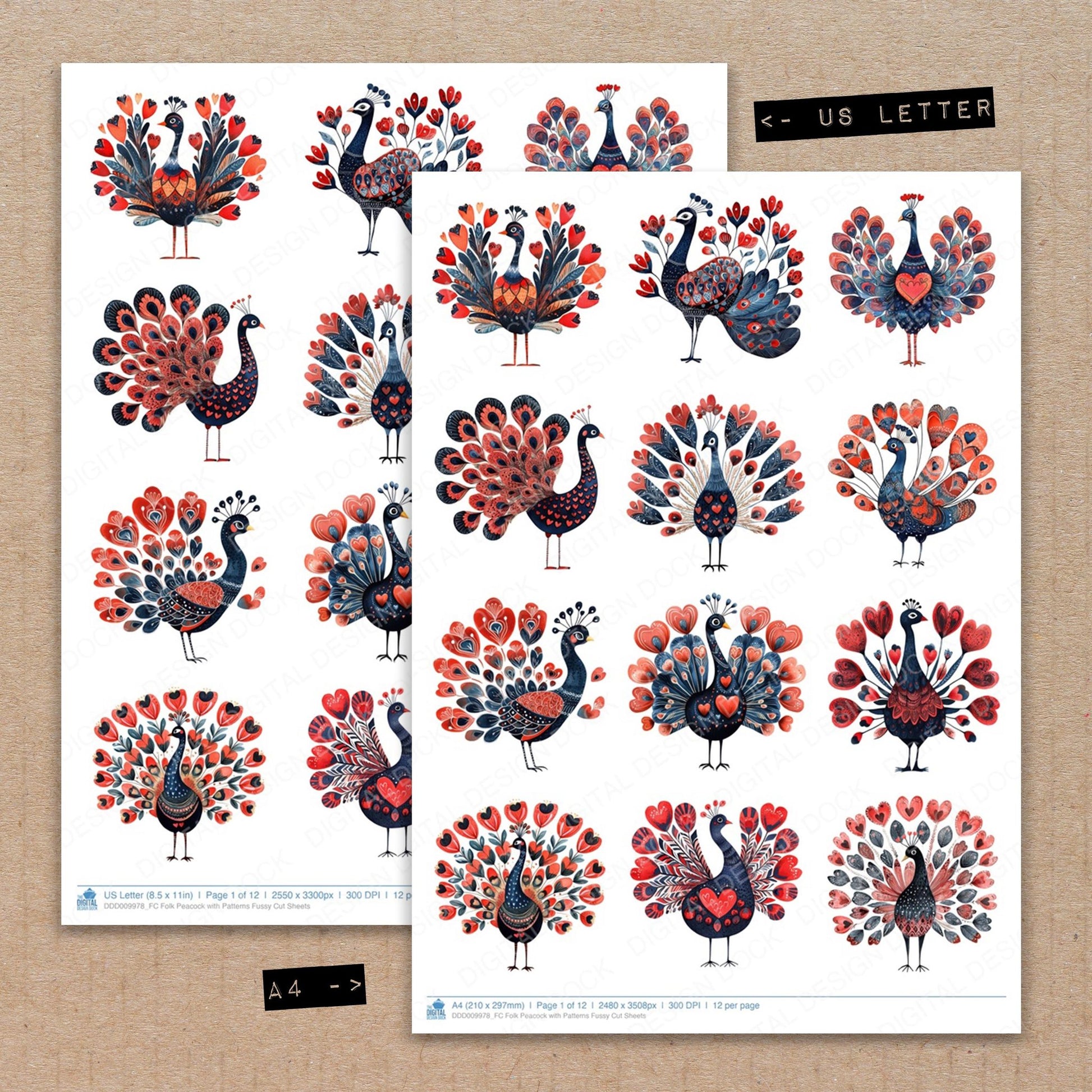 A4 and US Letter format comparison showing Folk Peacock with Patterns fussy cut pages for print and cut crafting
