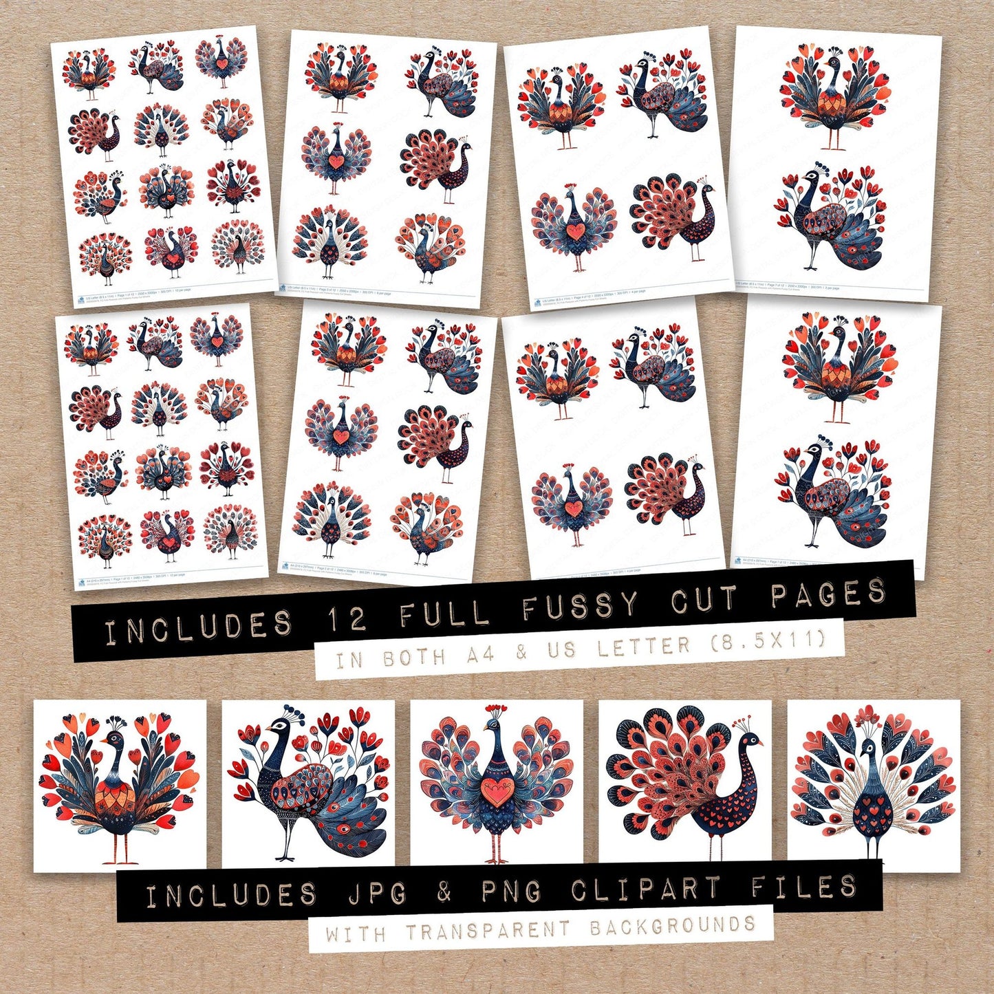 Full collection view of Folk Peacock with Patterns fussy cut sheets with bonus clipart JPG and PNG files