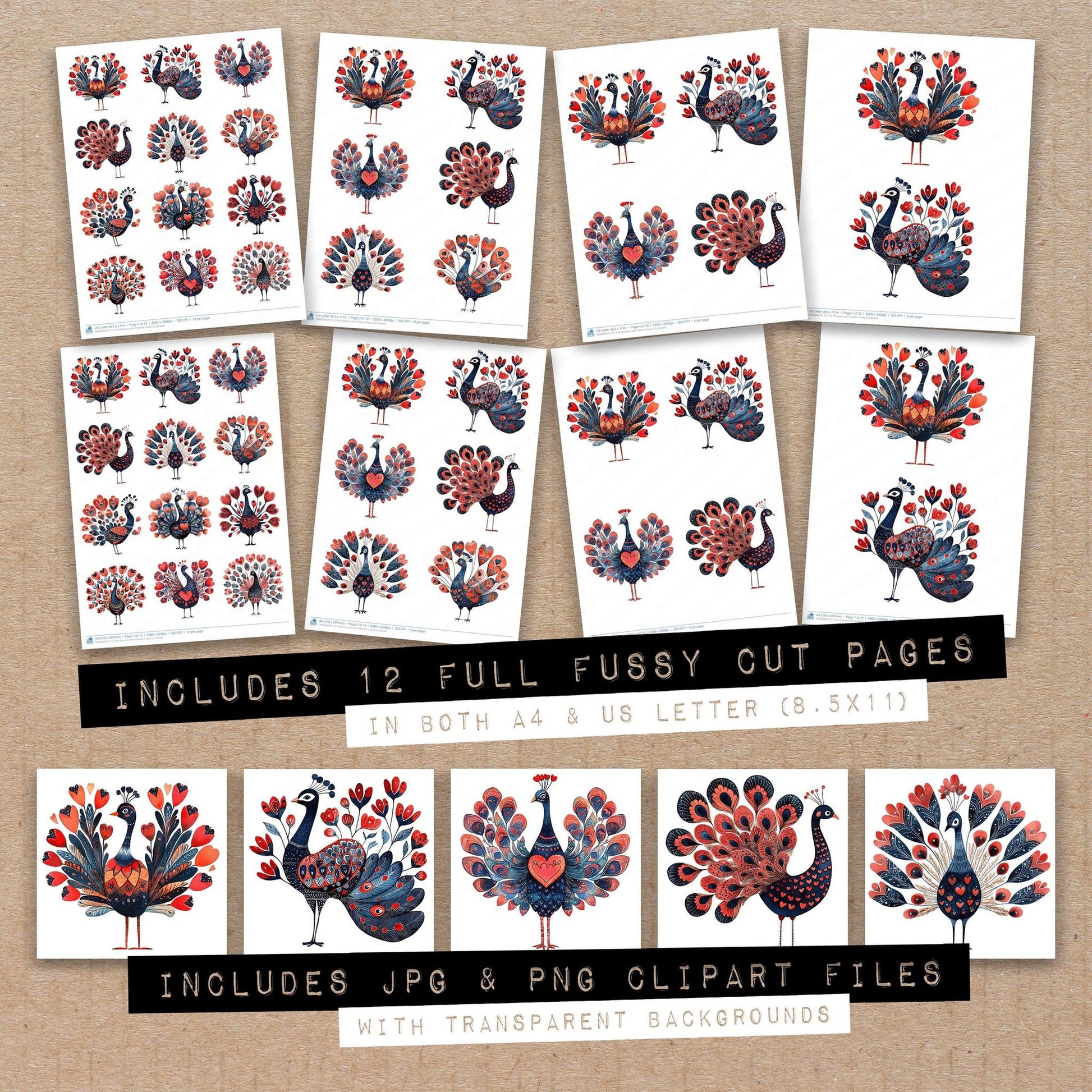 Full collection view of Folk Peacock with Patterns fussy cut sheets with bonus clipart JPG and PNG files