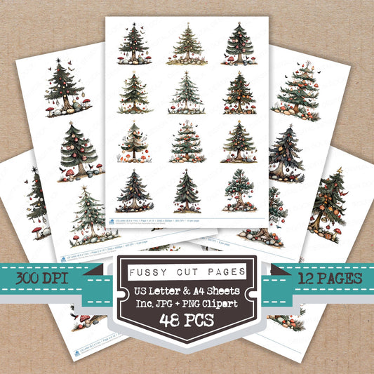 Folk Pine Tree Decorated fussy cut printable sheets for junk journaling, scrapbooking, and paper craft projects
