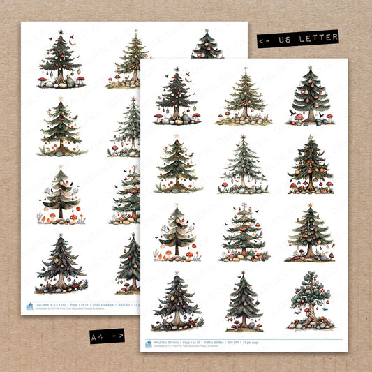 A4 and US Letter format comparison showing Folk Pine Tree Decorated fussy cut pages for print and cut crafting