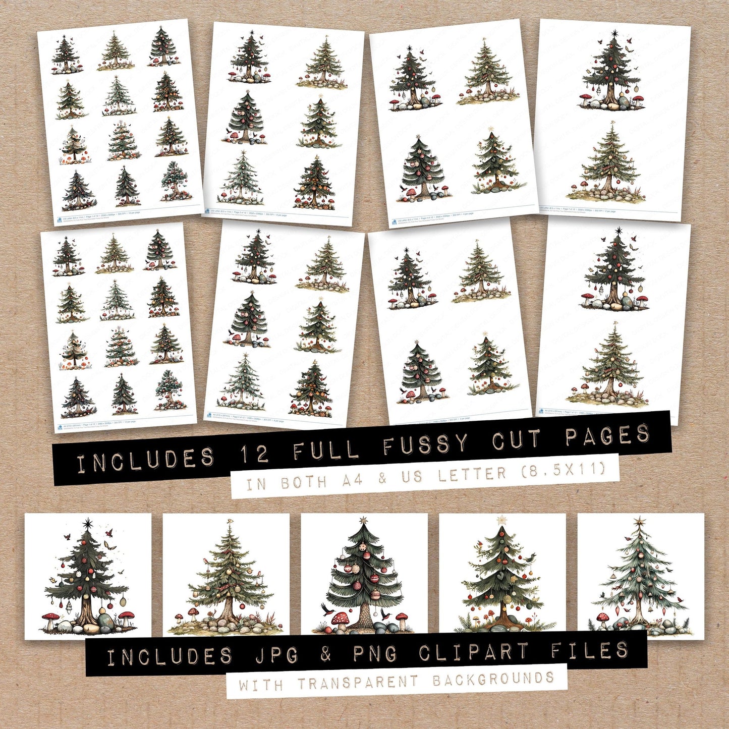 Full collection view of Folk Pine Tree Decorated fussy cut sheets with bonus clipart JPG and PNG files