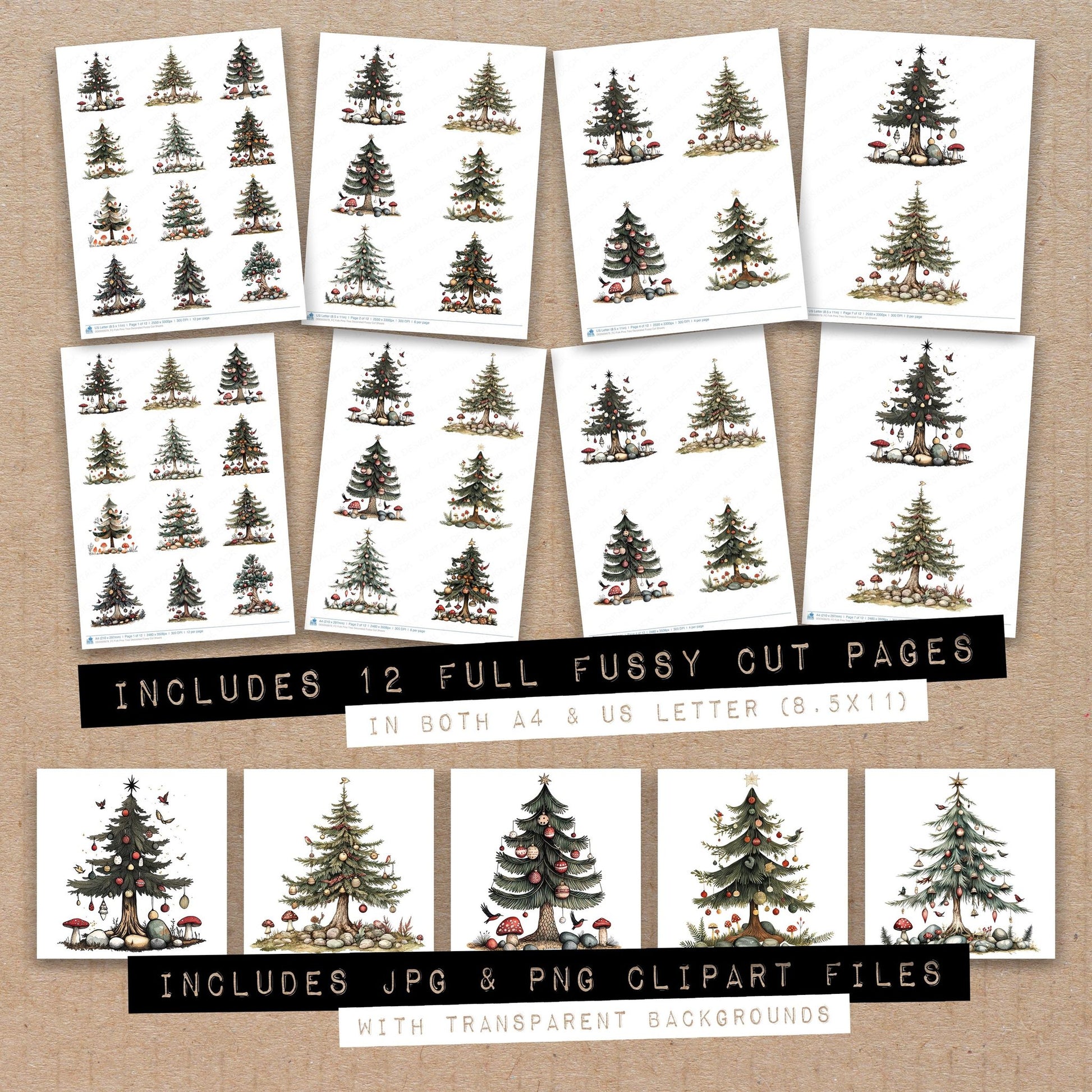 Full collection view of Folk Pine Tree Decorated fussy cut sheets with bonus clipart JPG and PNG files
