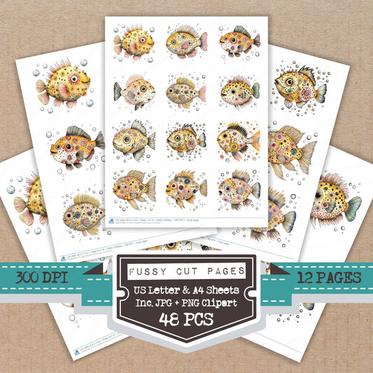 Folk Pufferfish Floral fussy cut printable sheets for junk journaling, scrapbooking, and paper craft projects