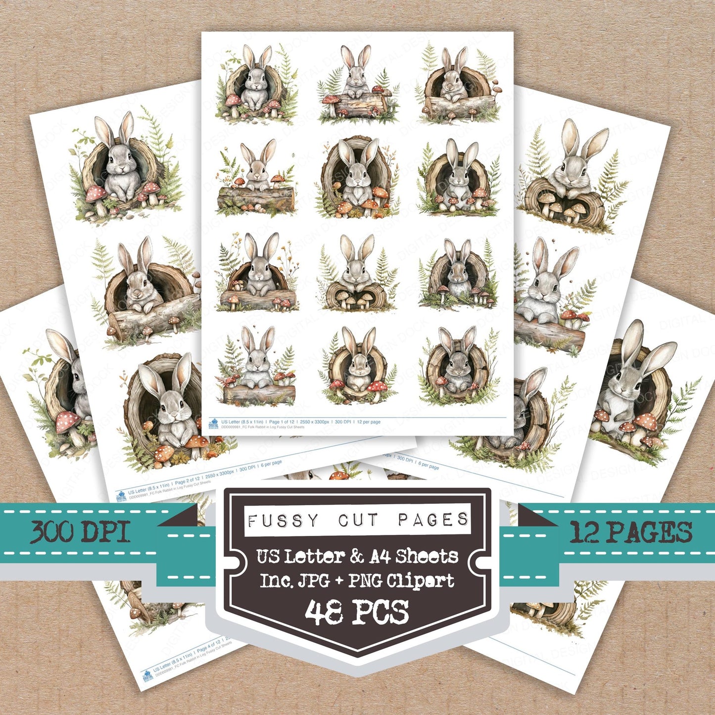 Folk Rabbit in Log fussy cut printable sheets for junk journaling, scrapbooking, and paper craft projects