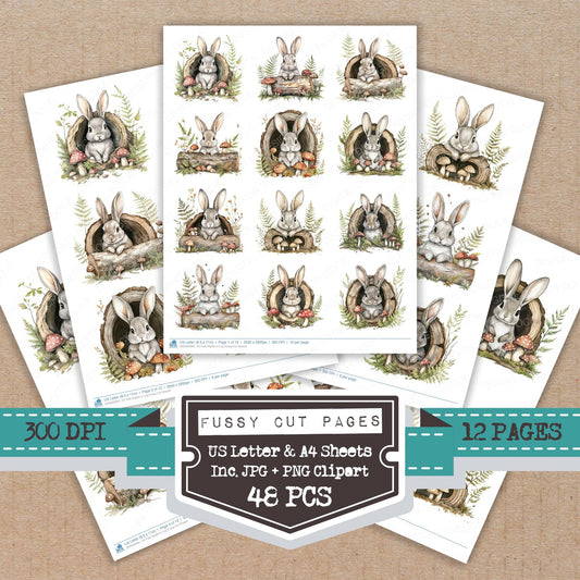 Folk Rabbit in Log fussy cut printable sheets for junk journaling, scrapbooking, and paper craft projects