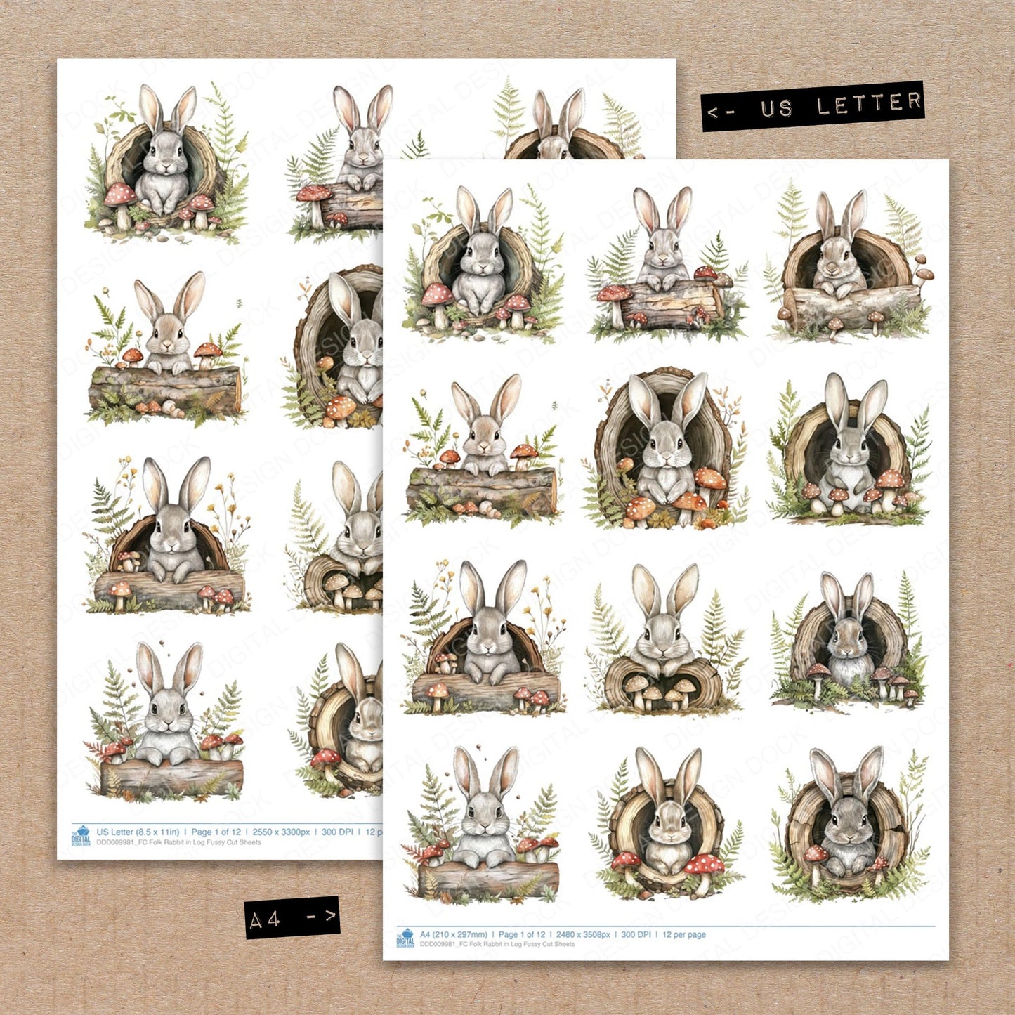 A4 and US Letter format comparison showing Folk Rabbit in Log fussy cut pages for print and cut crafting