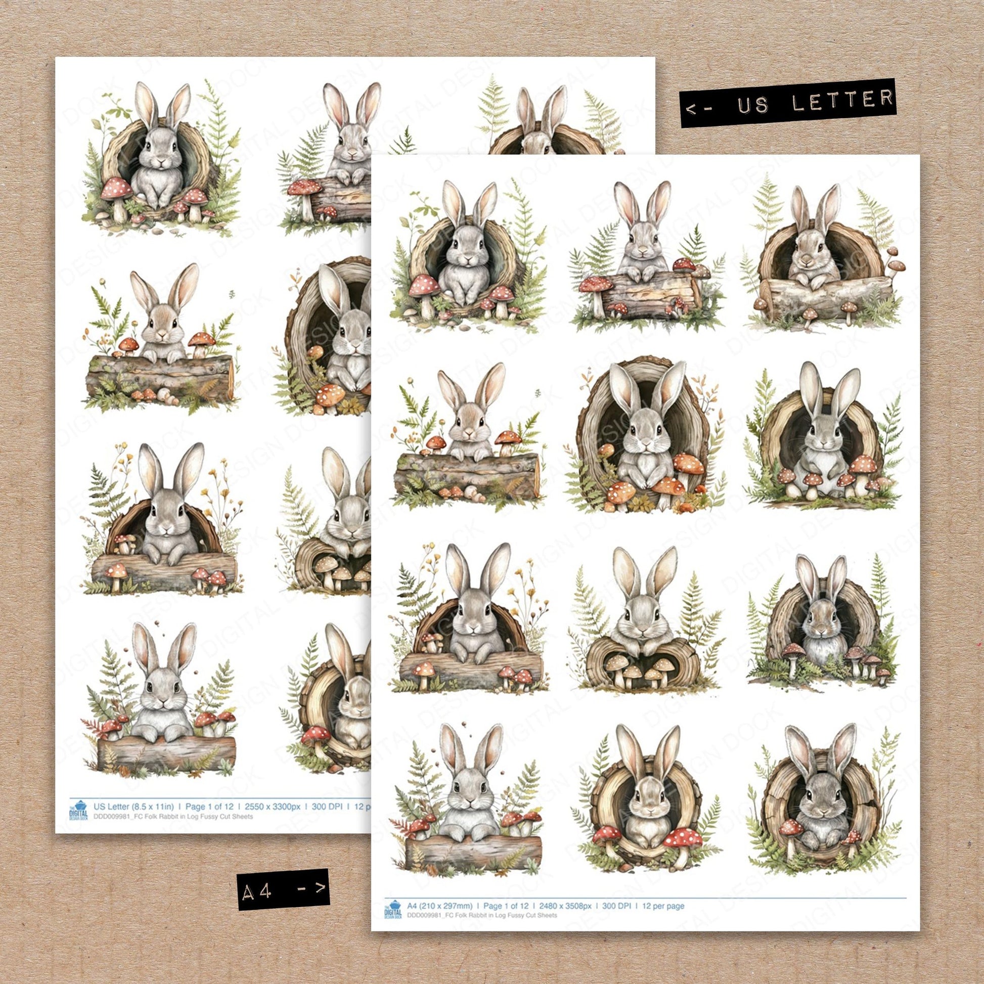 A4 and US Letter format comparison showing Folk Rabbit in Log fussy cut pages for print and cut crafting