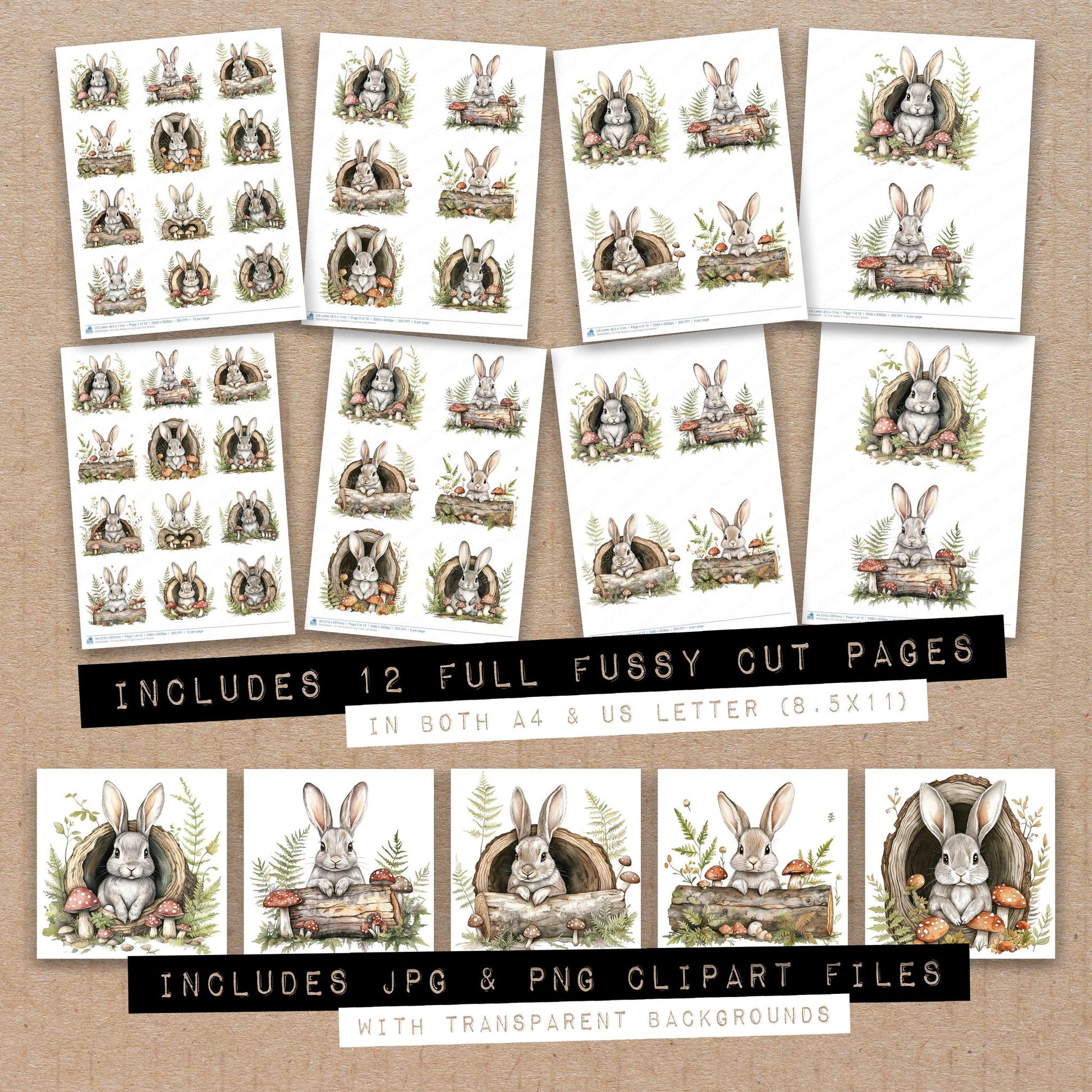 Full collection view of Folk Rabbit in Log fussy cut sheets with bonus clipart JPG and PNG files
