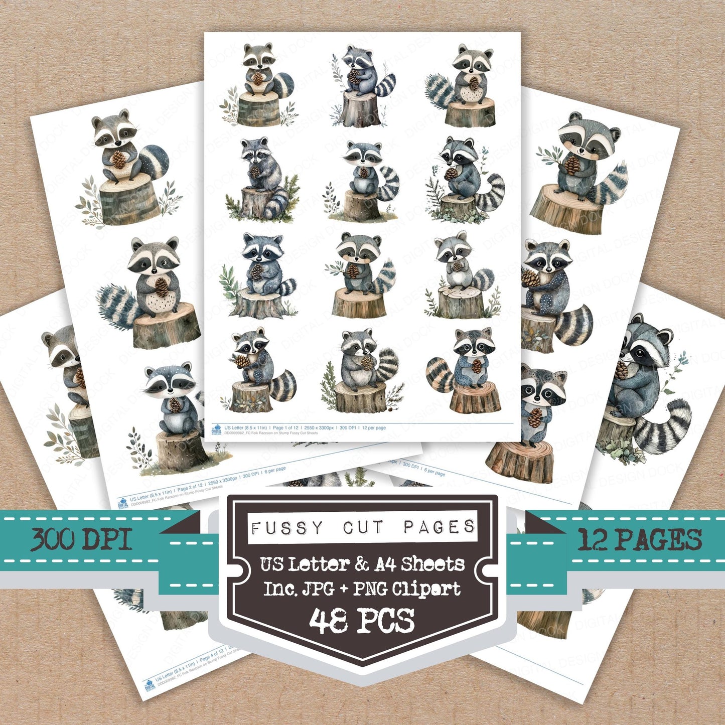 Folk Raccoon on Stump fussy cut printable sheets for junk journaling, scrapbooking, and paper craft projects