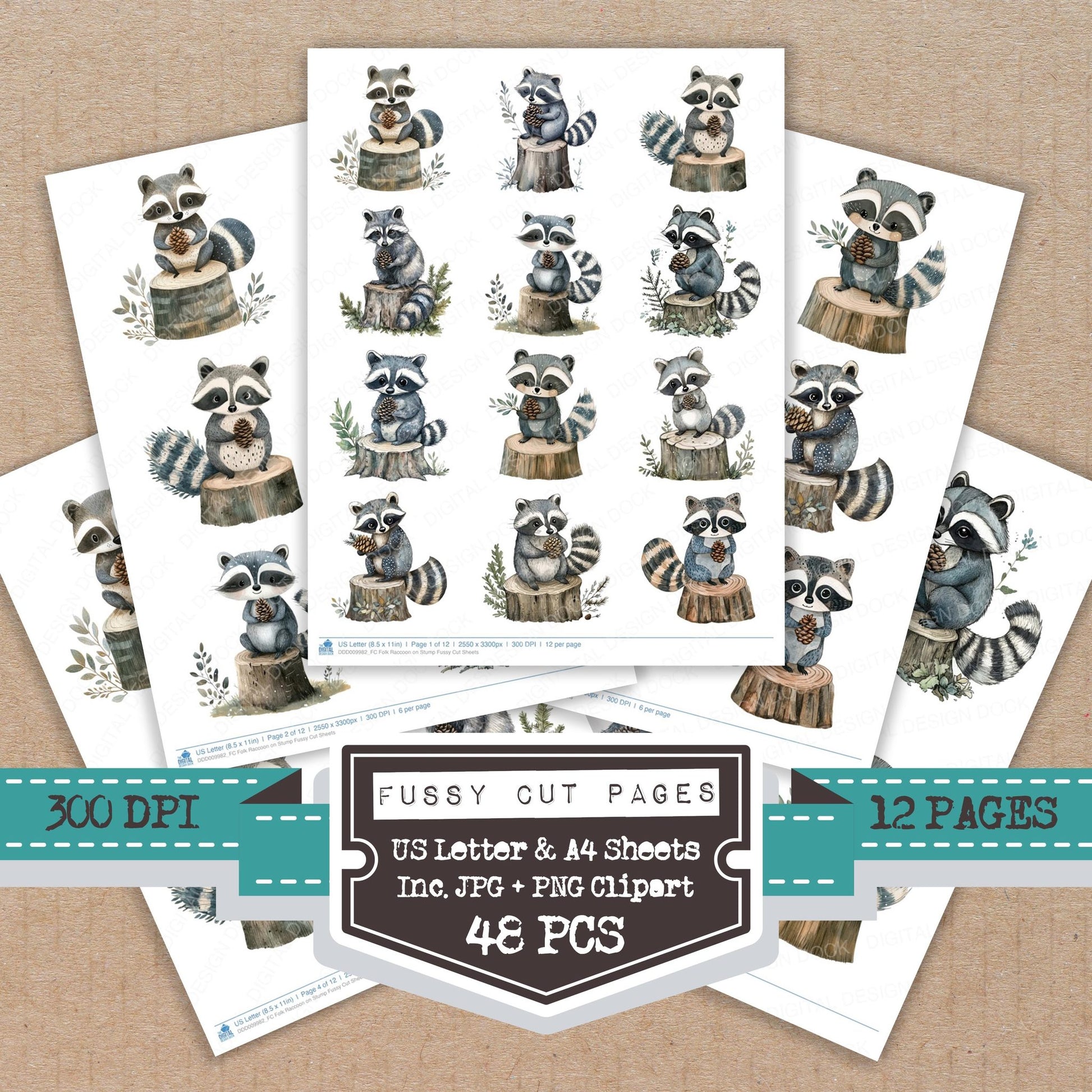 Folk Raccoon on Stump fussy cut printable sheets for junk journaling, scrapbooking, and paper craft projects