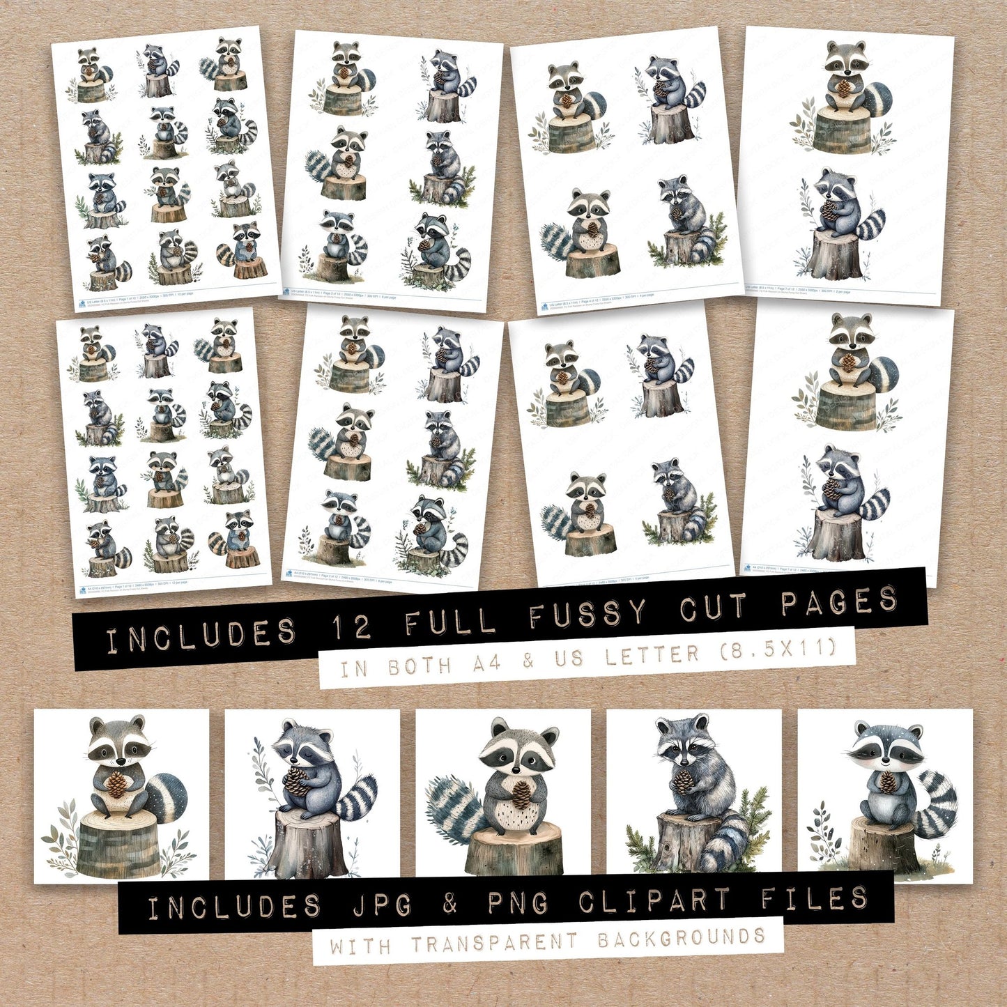 Full collection view of Folk Raccoon on Stump fussy cut sheets with bonus clipart JPG and PNG files