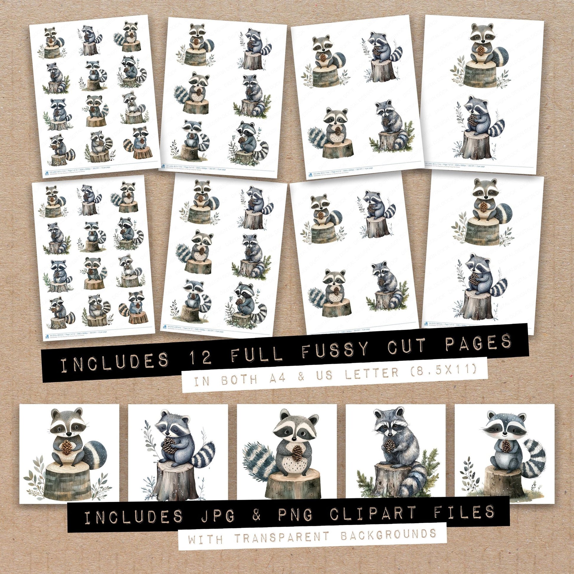 Full collection view of Folk Raccoon on Stump fussy cut sheets with bonus clipart JPG and PNG files