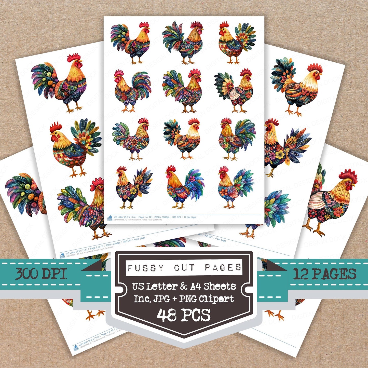Folk Rooster with Florals fussy cut printable sheets for junk journaling, scrapbooking, and paper craft projects