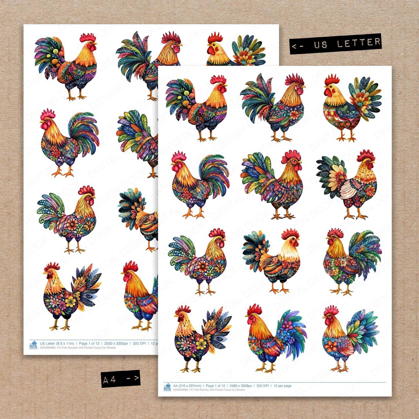 A4 and US Letter format comparison showing Folk Rooster with Florals fussy cut pages for print and cut crafting