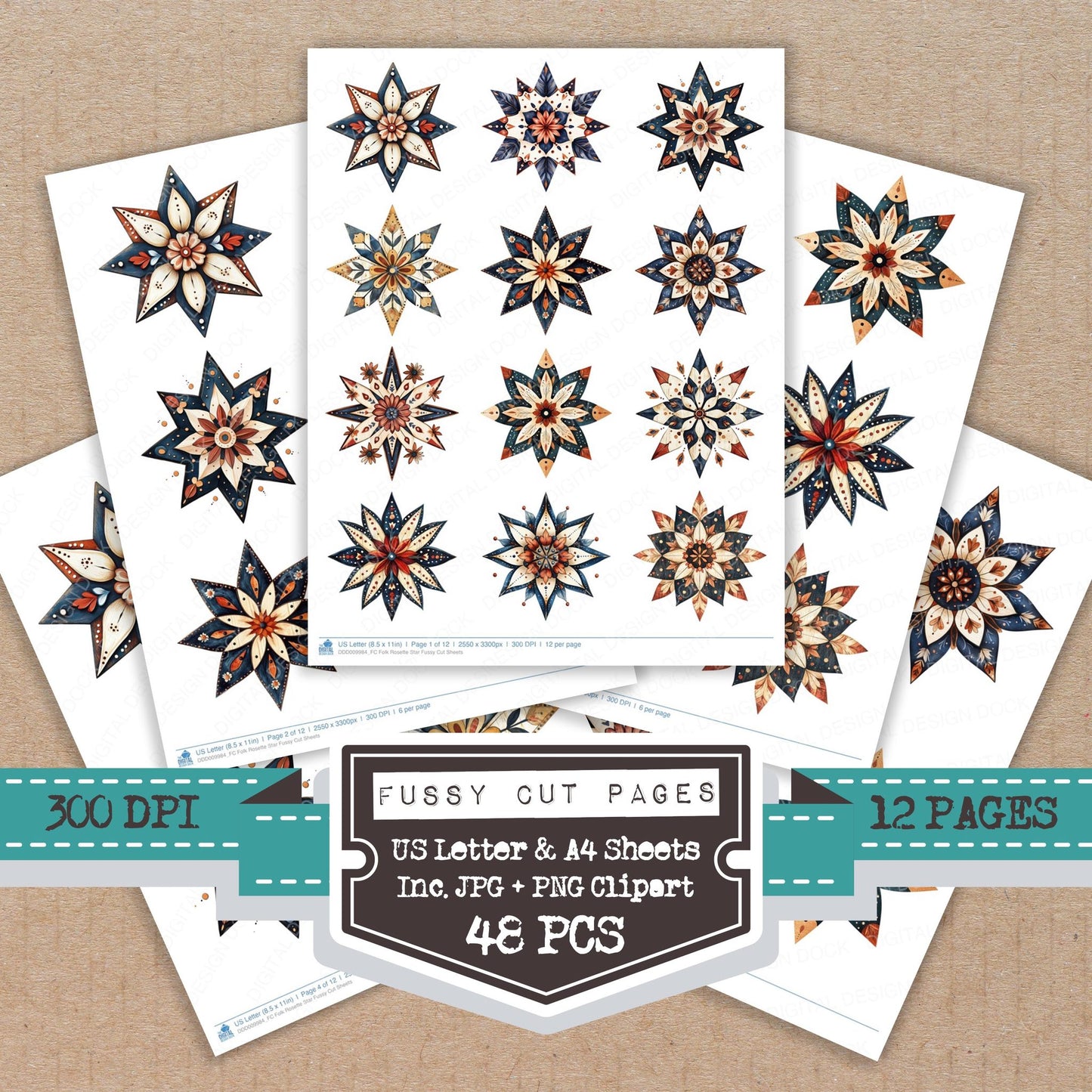 Folk Rosette Star fussy cut printable sheets for junk journaling, scrapbooking, and paper craft projects