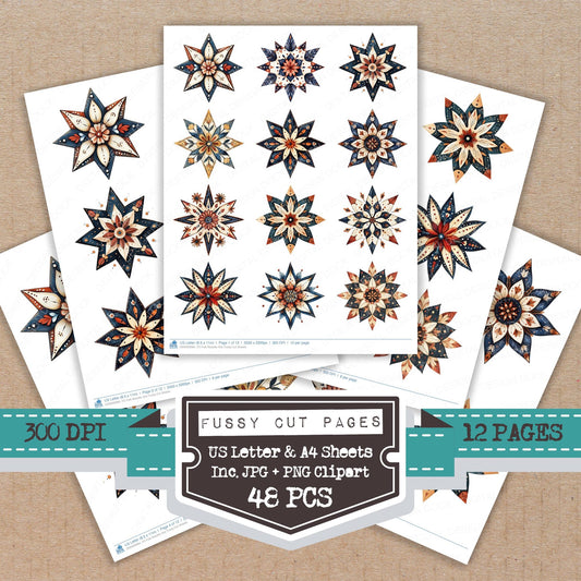 Folk Rosette Star fussy cut printable sheets for junk journaling, scrapbooking, and paper craft projects