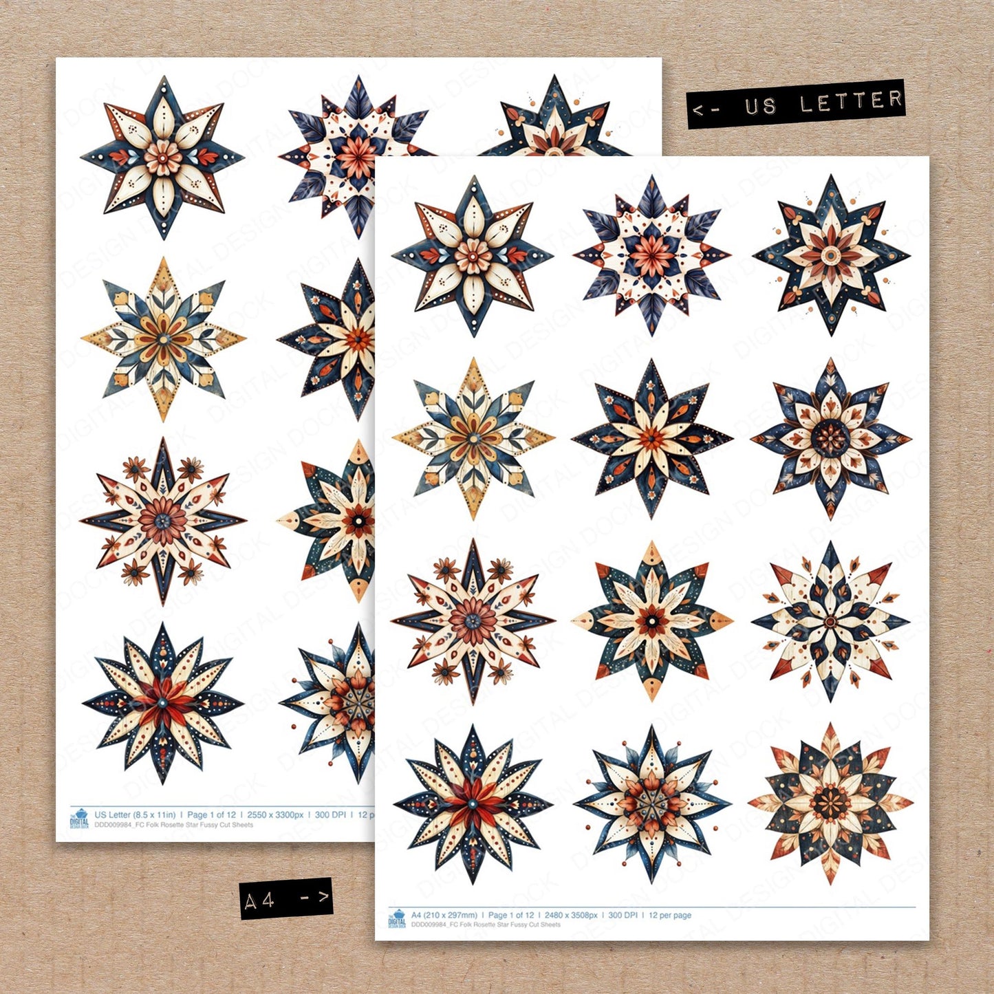 A4 and US Letter format comparison showing Folk Rosette Star fussy cut pages for print and cut crafting
