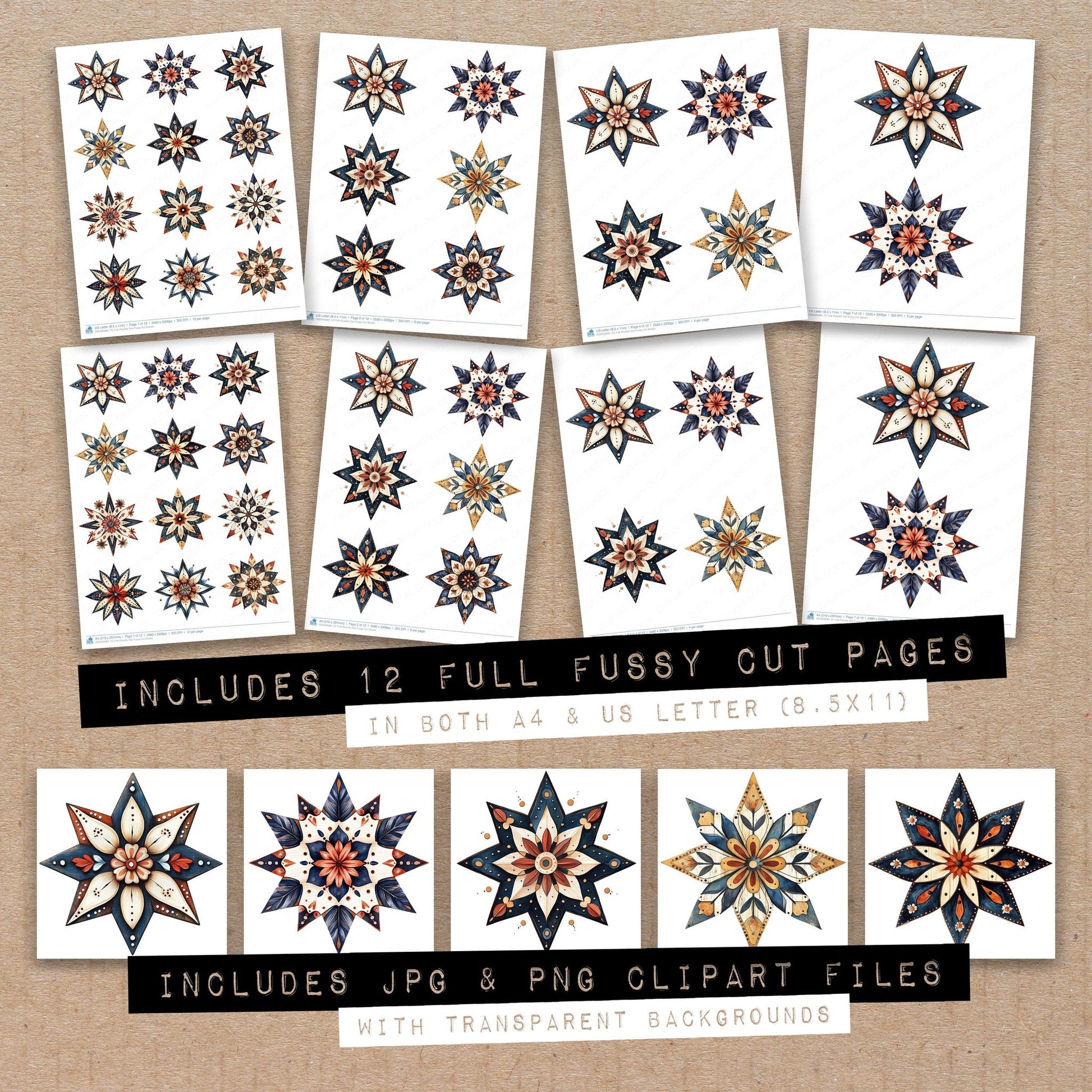 Full collection view of Folk Rosette Star fussy cut sheets with bonus clipart JPG and PNG files