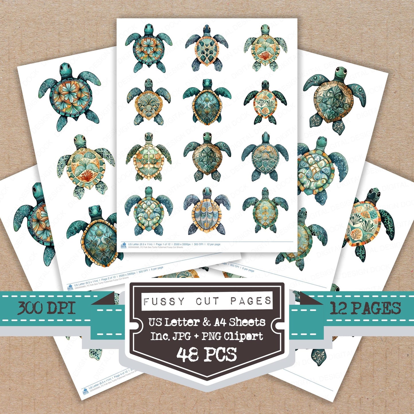 Folk Sea Turtle Patterned fussy cut printable sheets for junk journaling, scrapbooking, and paper craft projects