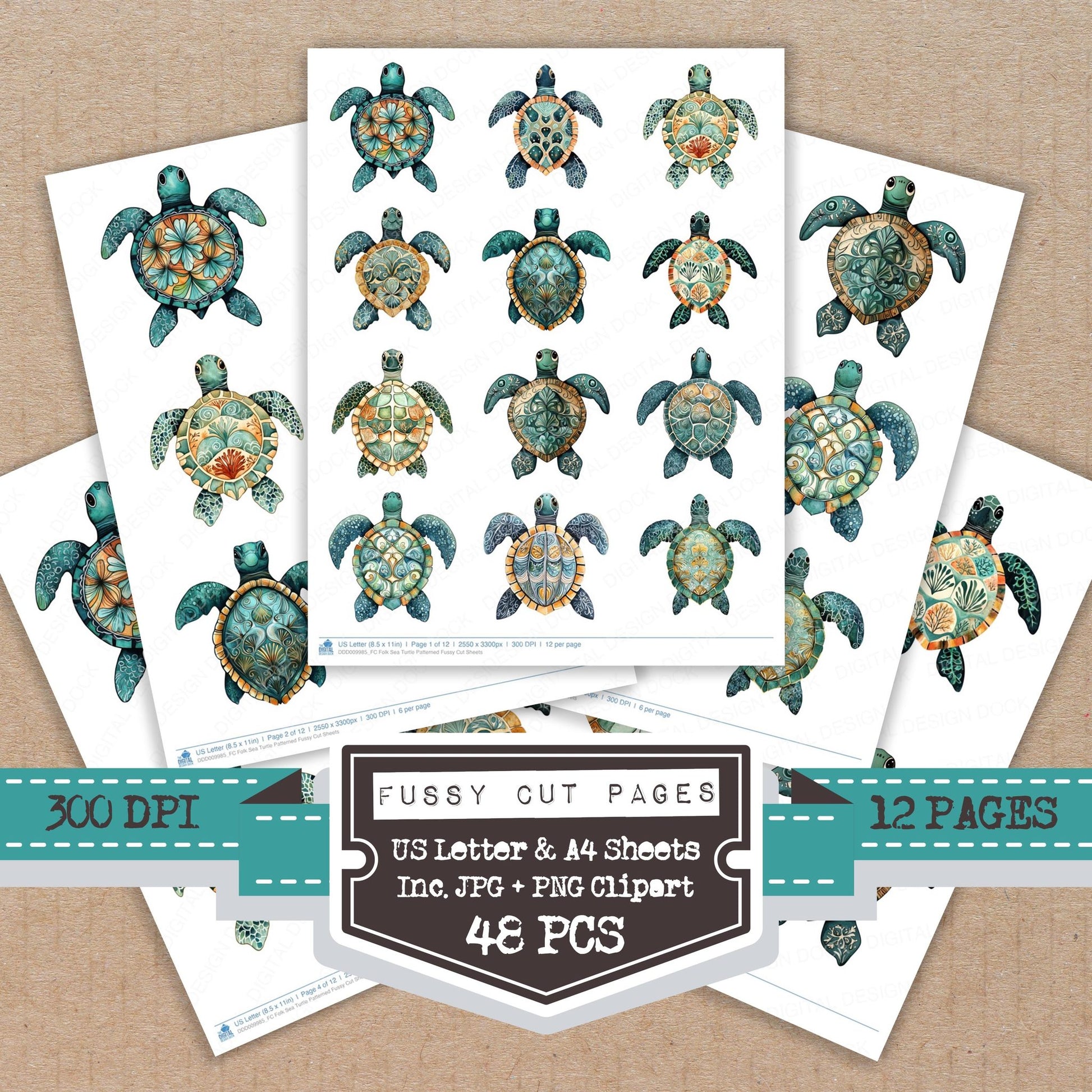 Folk Sea Turtle Patterned fussy cut printable sheets for junk journaling, scrapbooking, and paper craft projects