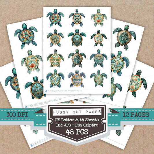 Folk Sea Turtle Patterned fussy cut printable sheets for junk journaling, scrapbooking, and paper craft projects