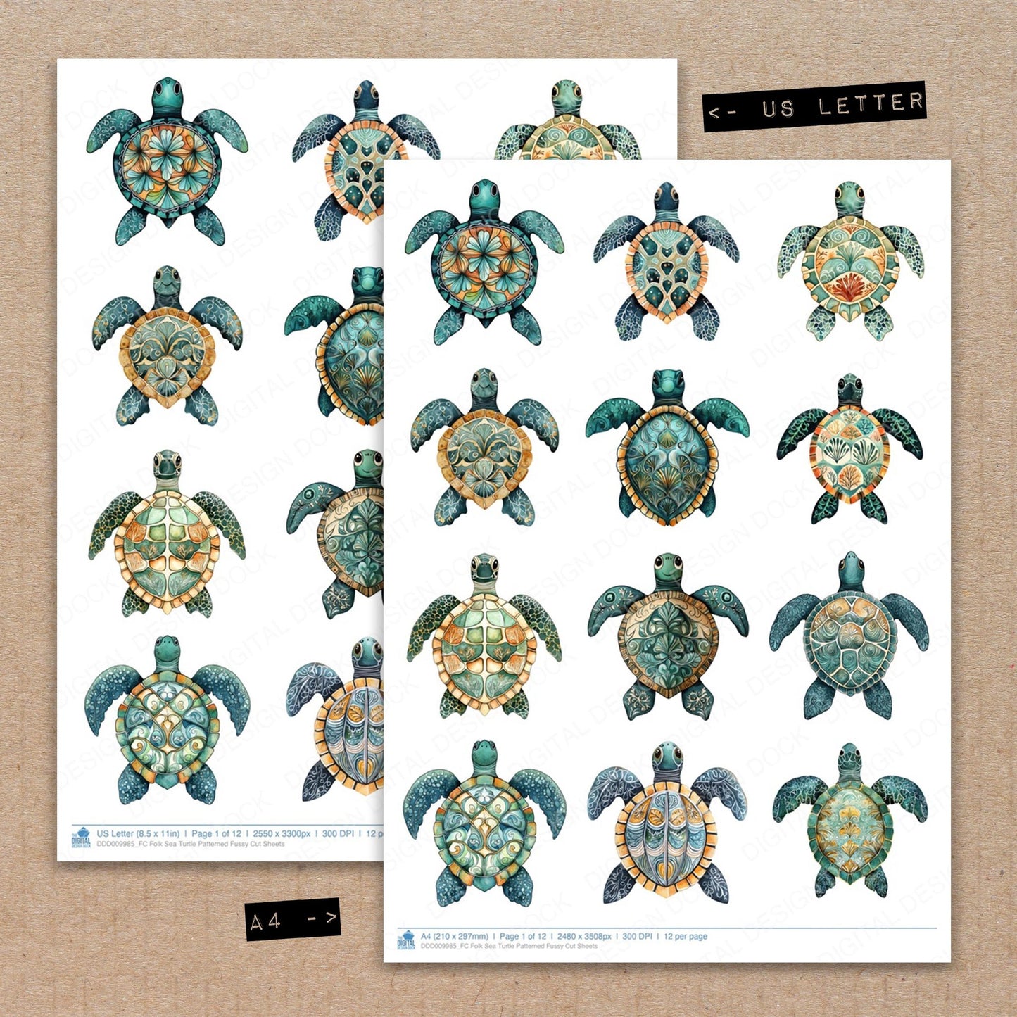 A4 and US Letter format comparison showing Folk Sea Turtle Patterned fussy cut pages for print and cut crafting